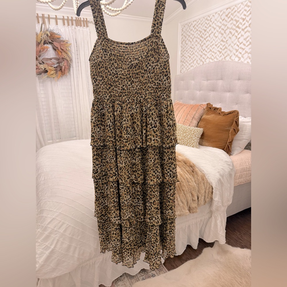 Sleeveless smocked top leopard cheetah tiered pleated ruffled dress sundress